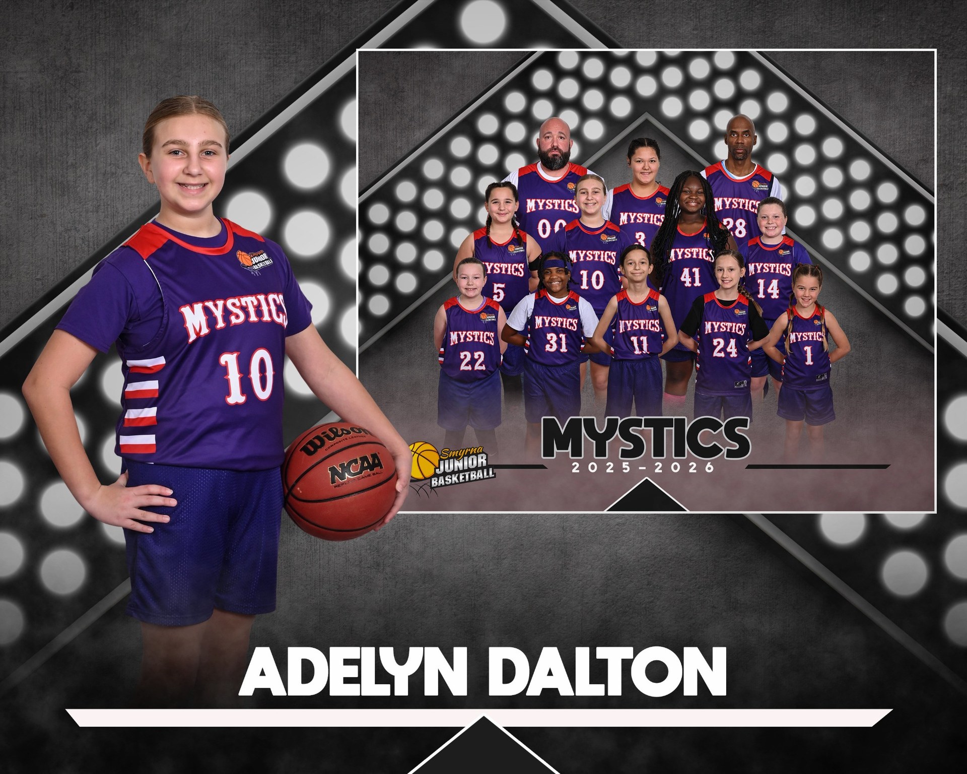 Adelyn Dalton with her 2025–2026 Mystics basketball team